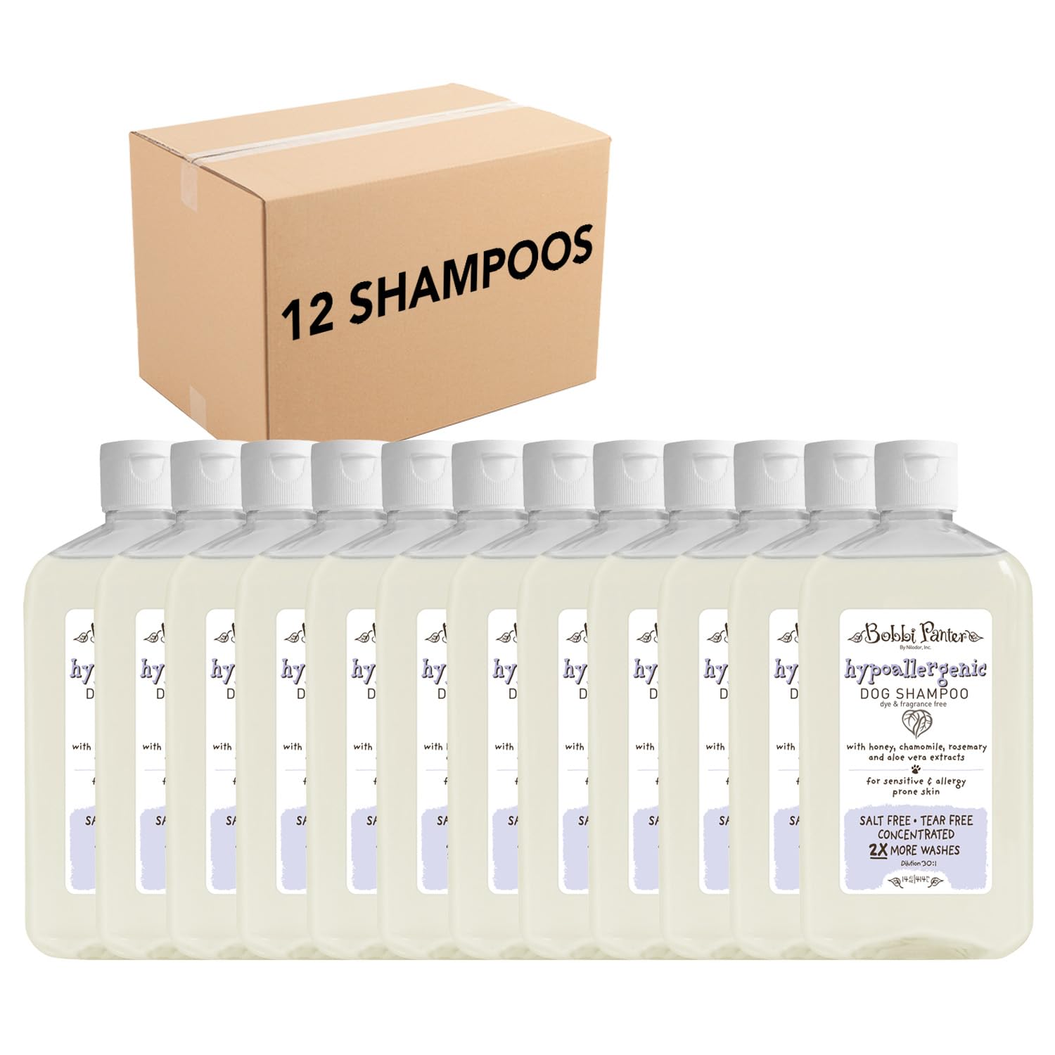 Bobbi Panter Hypoallergenic Dog Shampoo - Made in USA - Natural, pH Balanced, Tear-Free Formula for Sensitive Skins - Concentrated 30:1 for Professional Groomers - Unscented, 14 Oz (Case of 12)