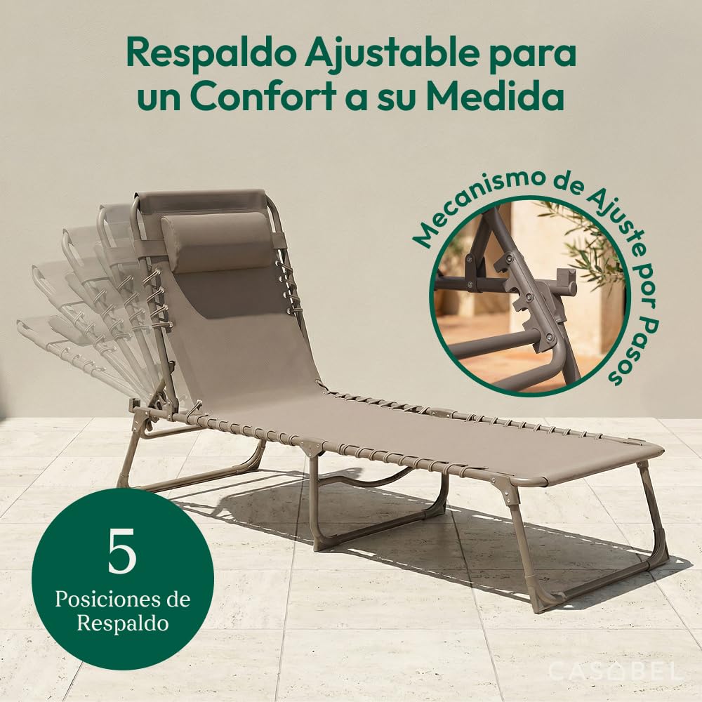 CASABEL Tumbona Plegable con Cojín, Tumbona Jardín Resistente y Cómoda con Tejido Textilene, Estructura de Acero para Jardín, Terraza, Camping o Piscina, Color Topo