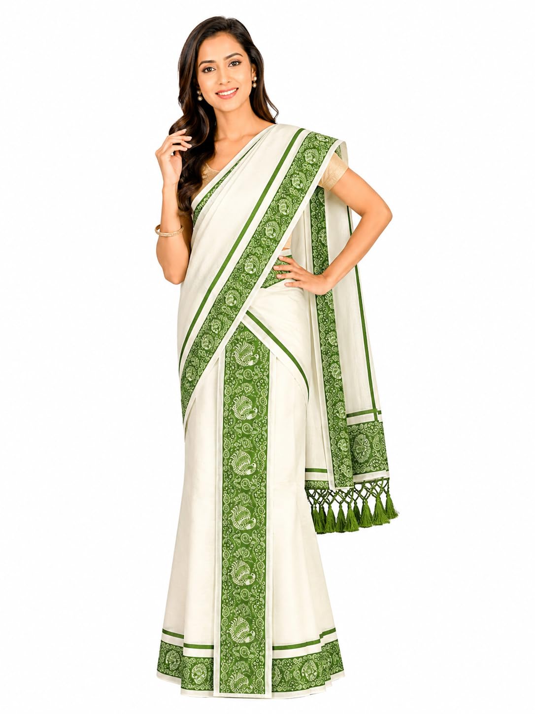 Kerala Kasavu Peacock Print Single Setmundu Extra Length Without blouse (-picture-40