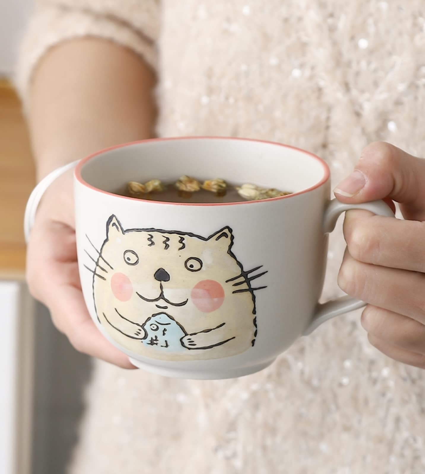 Taza de café de cerámica hecha a mano taza de té de gato de dibujos animados taza de café de cerámica taza de leche de avena regalo de boda para la oficina y el hogar