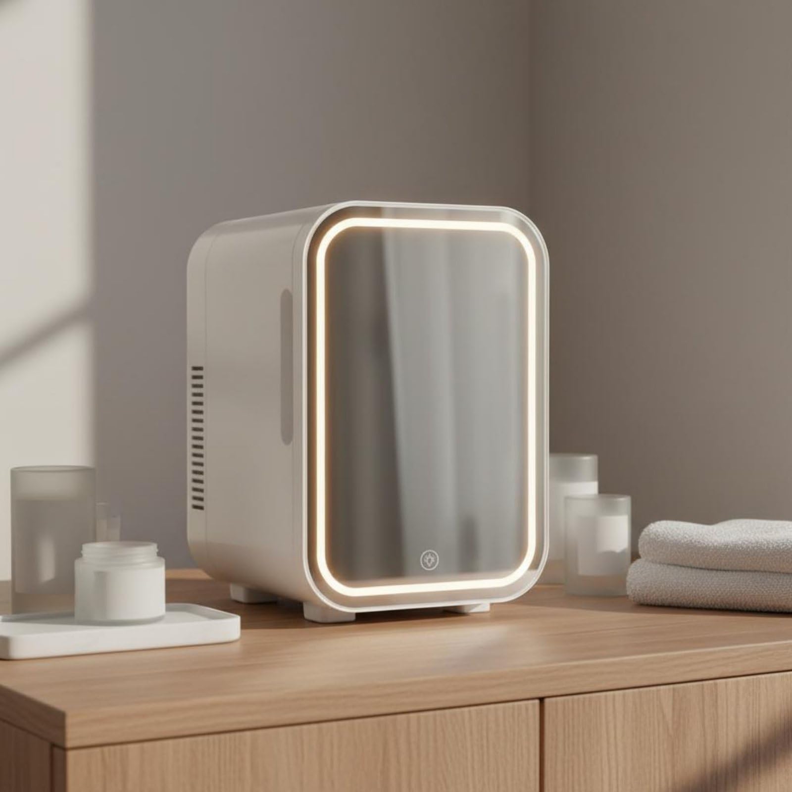 F Fityle Mini Nevera Cosmética Refrigerador Maquillaje Frigorífico Belleza con Puerta Espejo Uso Diario para Cosmética y Cuidado Facial Estante Extraíble Adecuada para Dormitorio Oficina Viaje