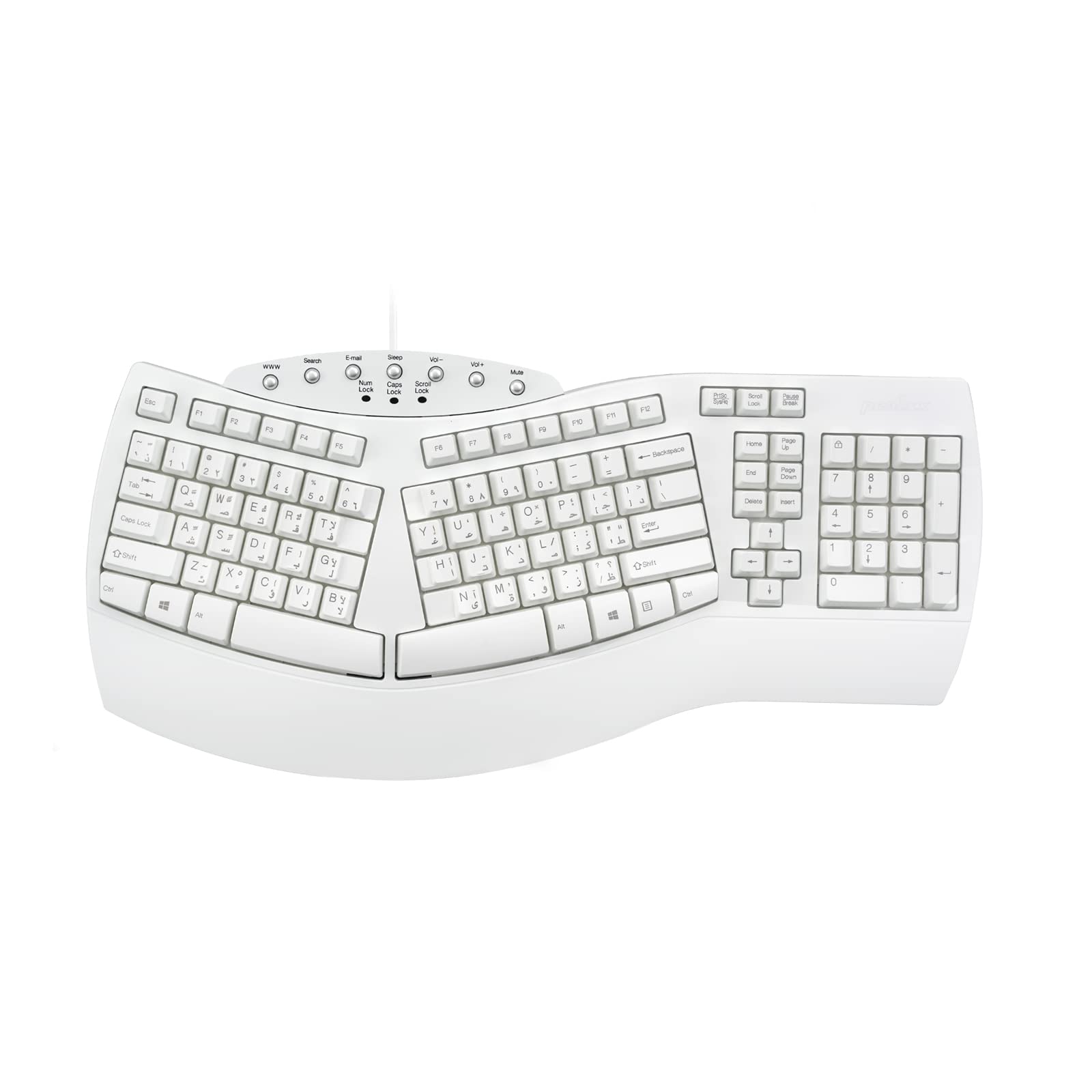 Perixx PERIBOARD-512W AR Wired Ergonomic Natural Split Keyboard - 7 Multimedia Keys - White - Arabic Layout