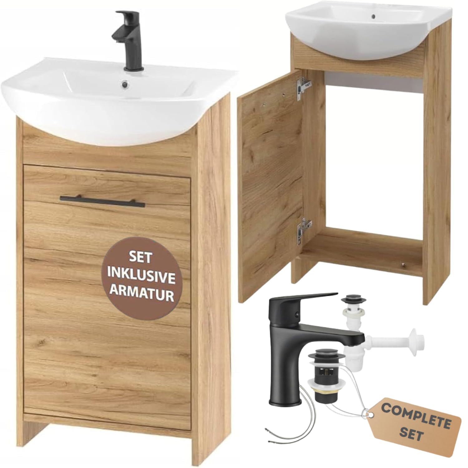 .Deftrans Lavabo avec meuble sous-vasque 46,5 x 24,5 x 84 cm - Meuble bas en chêne - Avec meuble bas et robinet de lavabo - 45 cm