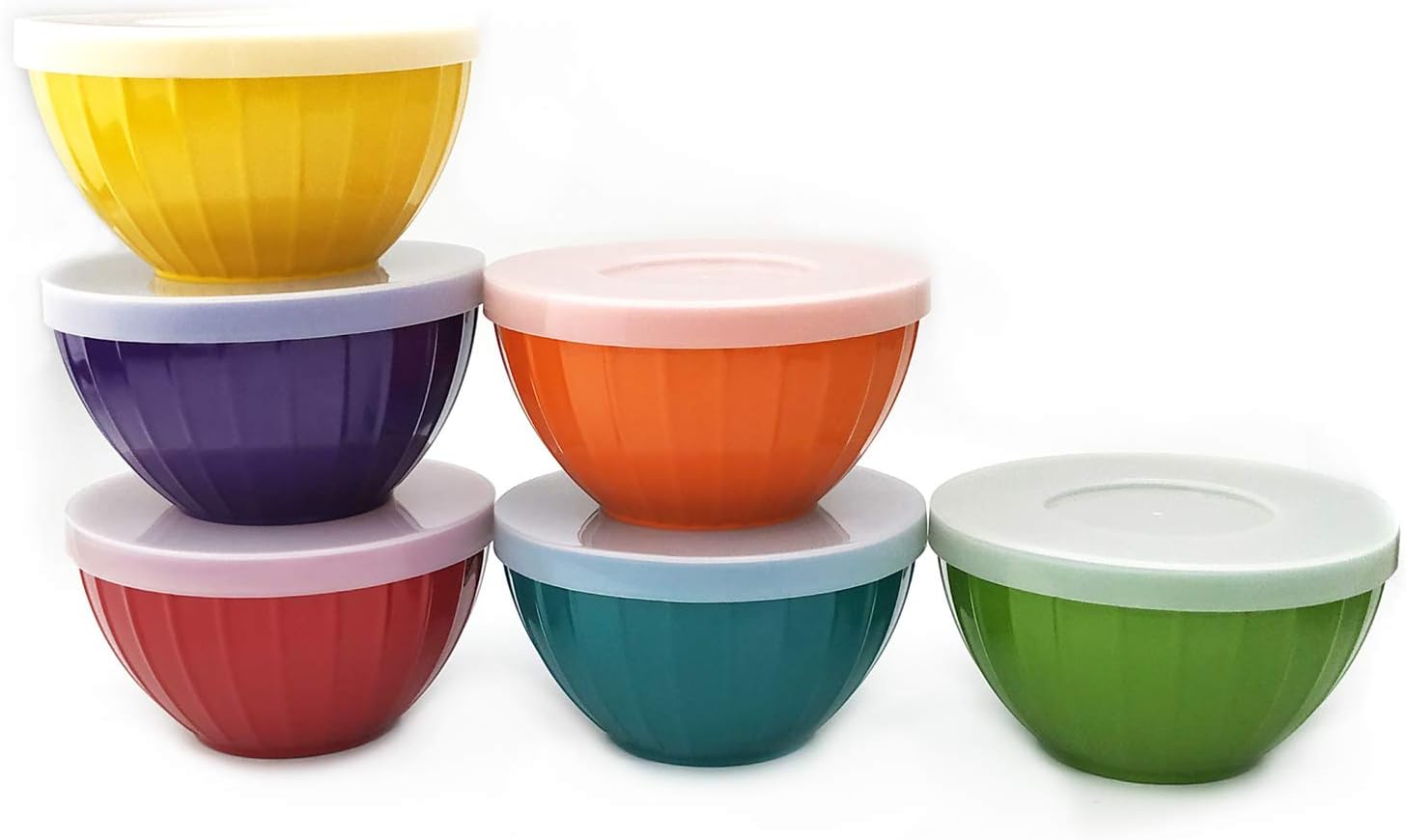 Melamine Fluted Bowls Set with Lids - 6pcs 15 oz Cereal/Prep Bowls, 6 Assorted Color | Break-resistant 100% Melamine Bowls and Plastic Lids | Dishwasher Safe, BPA Free