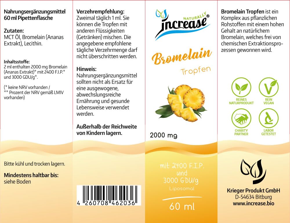 Liposomale Bromelain Tropfen hochdosiert - (60.000mg Bromelain pro Packung) 2000mg Bromelain pro Tagesdosis mit 2400 F.I.P. und 3000 GDU/g -MCT Öl -Hohe Bioverfügbarkeit