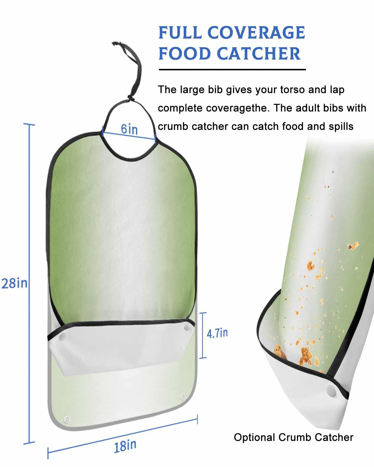 Gradient Green White Adult Bib for Eating with Crumb Catcher,Ombre Modern Minimalist Color Washable & Waterproof Terry Cloth Adjustable Elderly Women Men Adult Bibs Funny Apron Clothing Protector