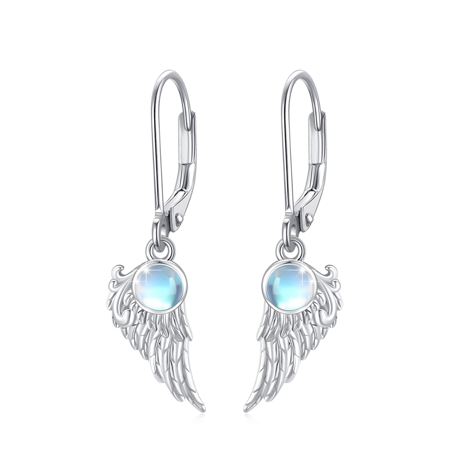 Pendientes de alas de ángel de plata de ley 925 con alas de ángel de la guarda, aretes colgantes de ángel de la guarda con piedra lunar, regalos de joyería para mujeres y niñas