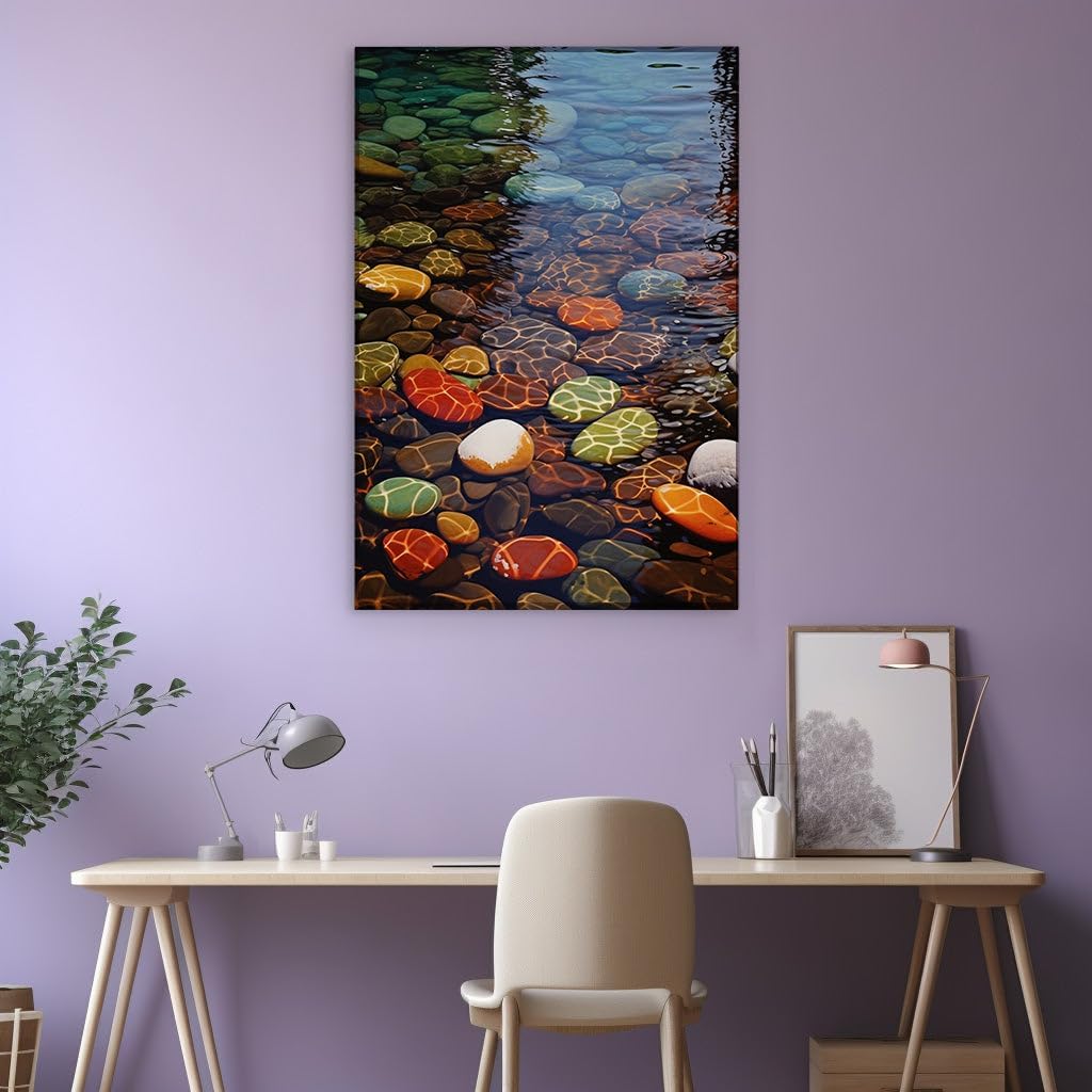 Canvas for Living room. Riverside Serenity: A Vivid Tapestry of Multicolored Stones and Glistening Waters, 27 x 18 inch Canvas Wall Art - Contemporary Masterpieces - Modern Home Decor
