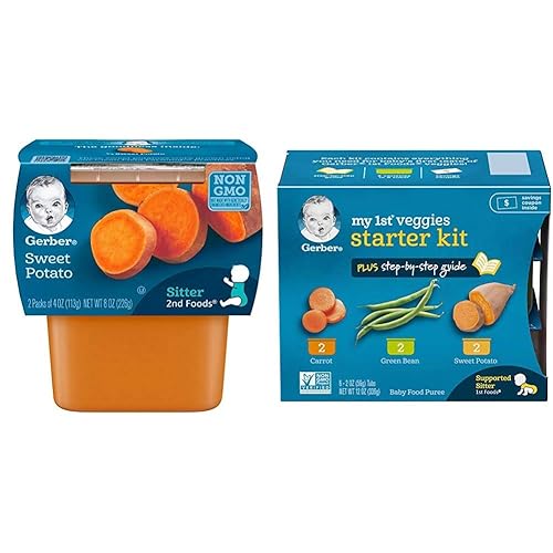 Gerber 2nd Food Baby Food - Puré de batata (2 unidades) y Gerber My 1st Veggies Kit de inicio (zanahoria, frijoles verdes y puré de batata) (6
