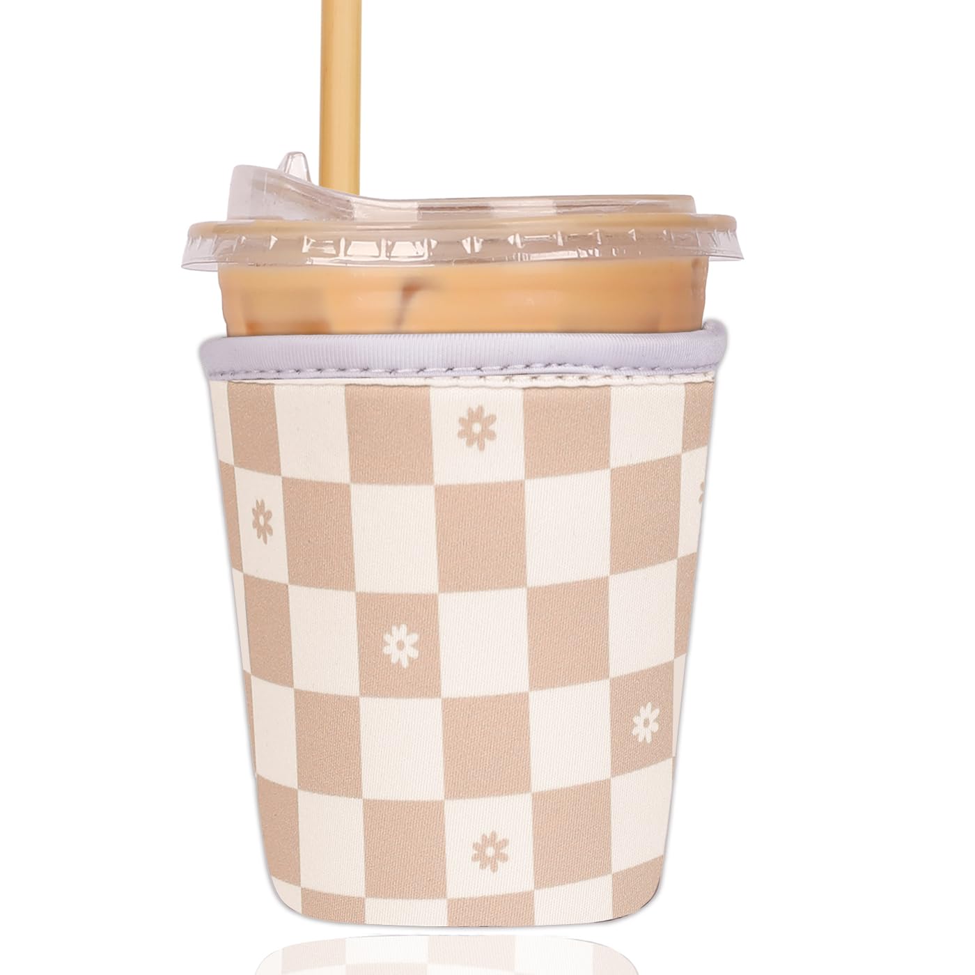 Reusable Insulated Sleeve for Iced Coffee Cup, Coffee Neoprene Sleeve for Cold &amp; Hot Drinks, Beverage Holder for Iced Coffee (Floral Checkers, Small: 16-18oz)