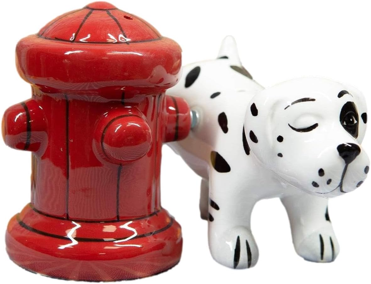 Ebros Where's The Fire? Peeing Dalmatian With Red Fire Hydrant Ceramic Salt And Pepper Shakers Magnetic Set Figurines For Fireman Fire Fighters Fans Of Fire Trucks 911 Service Personnels Decors