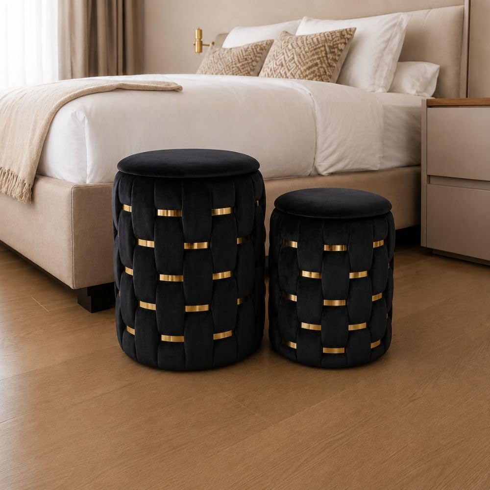 Set 2 Pouf Contenitore in Velluto con Fasce Oro – Pouf Rotondi Design Intrecciato con Coperchio – Seduta Imbottita Salvaspazio per Camera, Salotto e Ingresso (Nero)