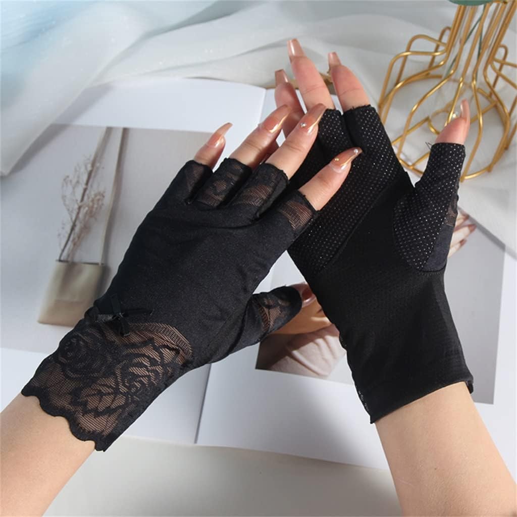 Lace Half Finger Gloves Women's Thin Short Section Driving Riding Ice Silk Outdoor Breathable(C)