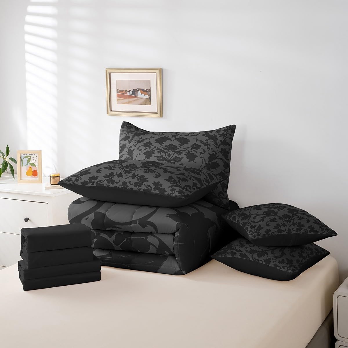 Erosebridal Black Gothic King Bed in a Bag Adults Gray Damask Comforter Set with Sheets Gothic Vintage Floral Bedding Sets Antique Victorian Baroque Bed Set Boho Exotic Flowers Sheets Black 7 Piece