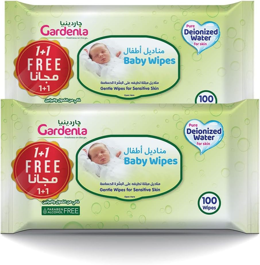 Gardenia Baby wipes, Alcohol & Paraben Free, Pure Water wet wipes, Gentle wipes For Baby Sensitive Skin , Extra Large and Thick wipe 200 Wipes 1+1 Free offer (200)