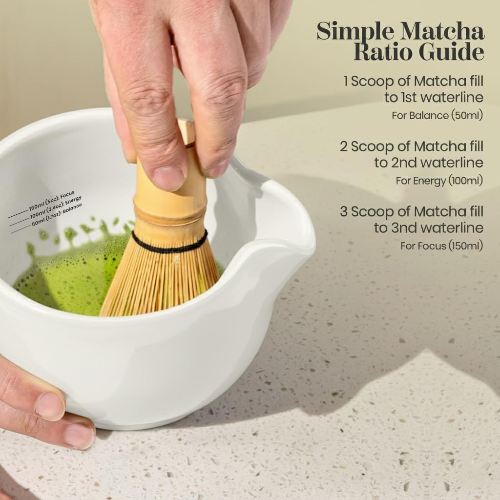 Matcha Whisk Set – Complete Matcha Kit with Ceramic Bowl (650ml / 22oz) & Measurement Lines, Bamboo Chasen, Scoop, Holder & Lid – Matcha Tea Set Gift for Beginners – White
