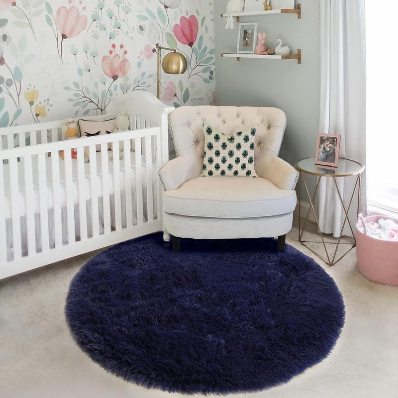 Image of Round Plain Fur Rugs for Hall and Drawing Room 7x7 Feet Modern Home Decor Handwoven Extra Comfy Premium Shag Navy Blue Color