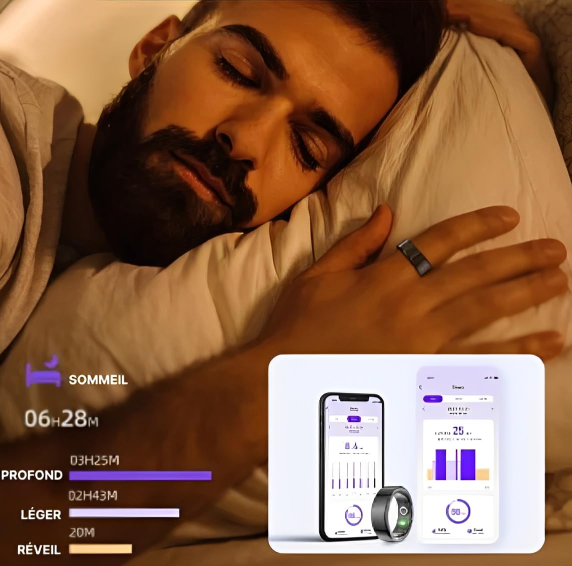 Bague Connectée Smart Ring Dorée - Suivi de Forme, Analyse du Sommeil, Fréquence Cardiaque et Activité Quotidienne - Bague Intelligente Fitness avec Boîtier de Charge Sans Fil - iOS & Android