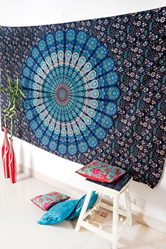 Folkulture Set Of 2 Boho Wall Tapestry Or Bohemian Mandala Tapestry Wall Hanging, Hippie Indian Beach Blanket Or Mandala Tablecloth, Large Yoga Mat For Meditation - Twin Size, 55X85, Blue And Pink #TOP2