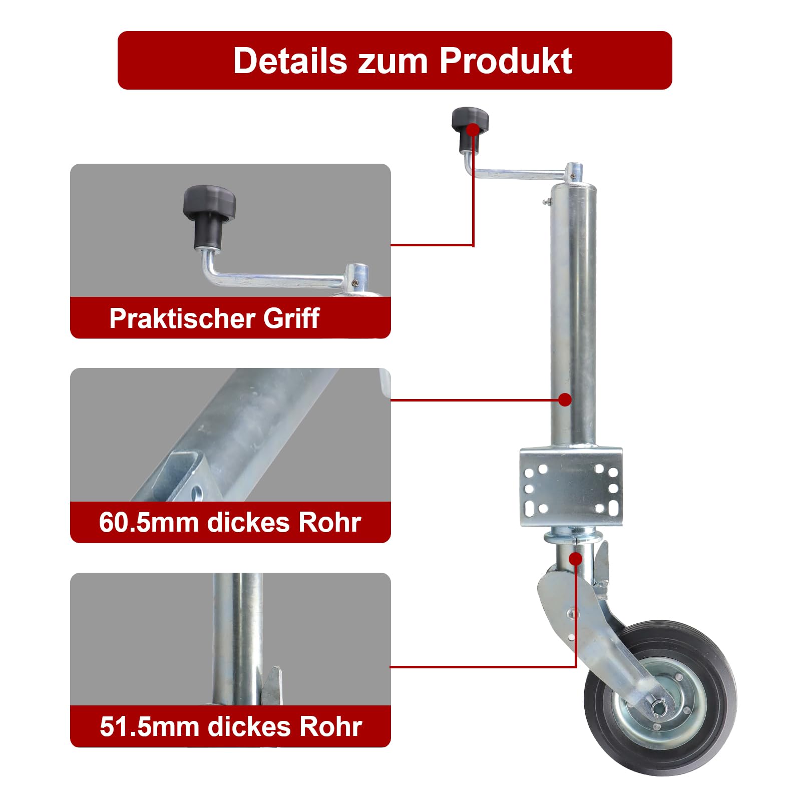400kg 60mm Anhänger Automatisch faltbares Stützrad Stabilisierendes Bugrad Geeignet für Anhänger, Wohnwagen, Zugfahrzeug