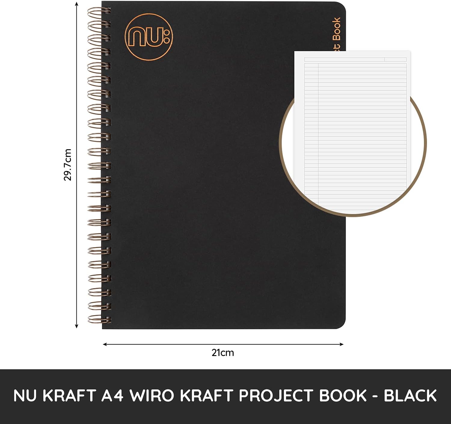 NU A4 Black Wirebound Project Book | 160 Pages, Ruled, Cream Paper | Stationary Notebook | Recycled & FSC-Certified | Stylish & Durable | Kraft Range