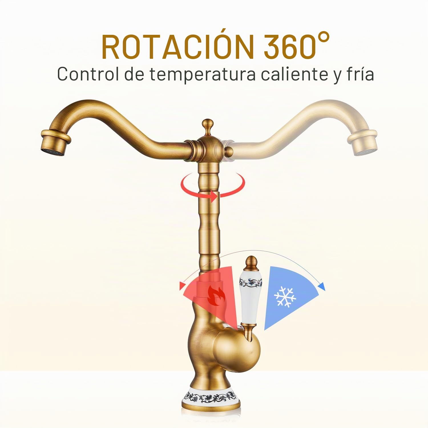 Grifo para Lavabo de Baño, Monomando Vintage de Cerámica, Estilo Retro Dorado, Latón Antiguo, con Manguera Flexible