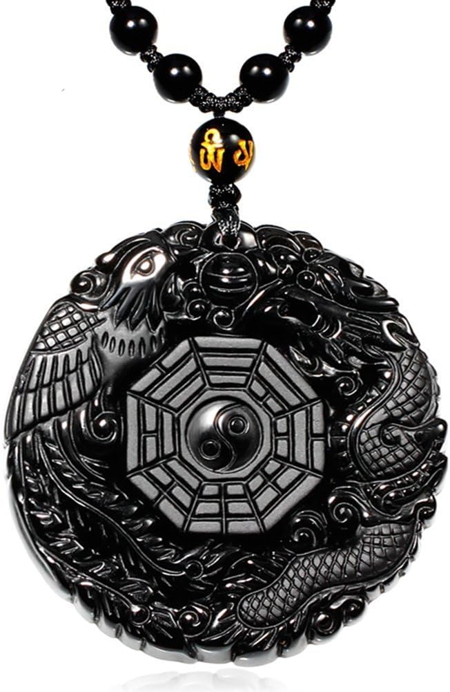 Black Dragon Obsidian Pendant Necklace, Dragon and Phoenix Natural Obsidian Crystal Pendant Necklace Pattern with extend Bead Chain for Men or Women, Black Elegant Round