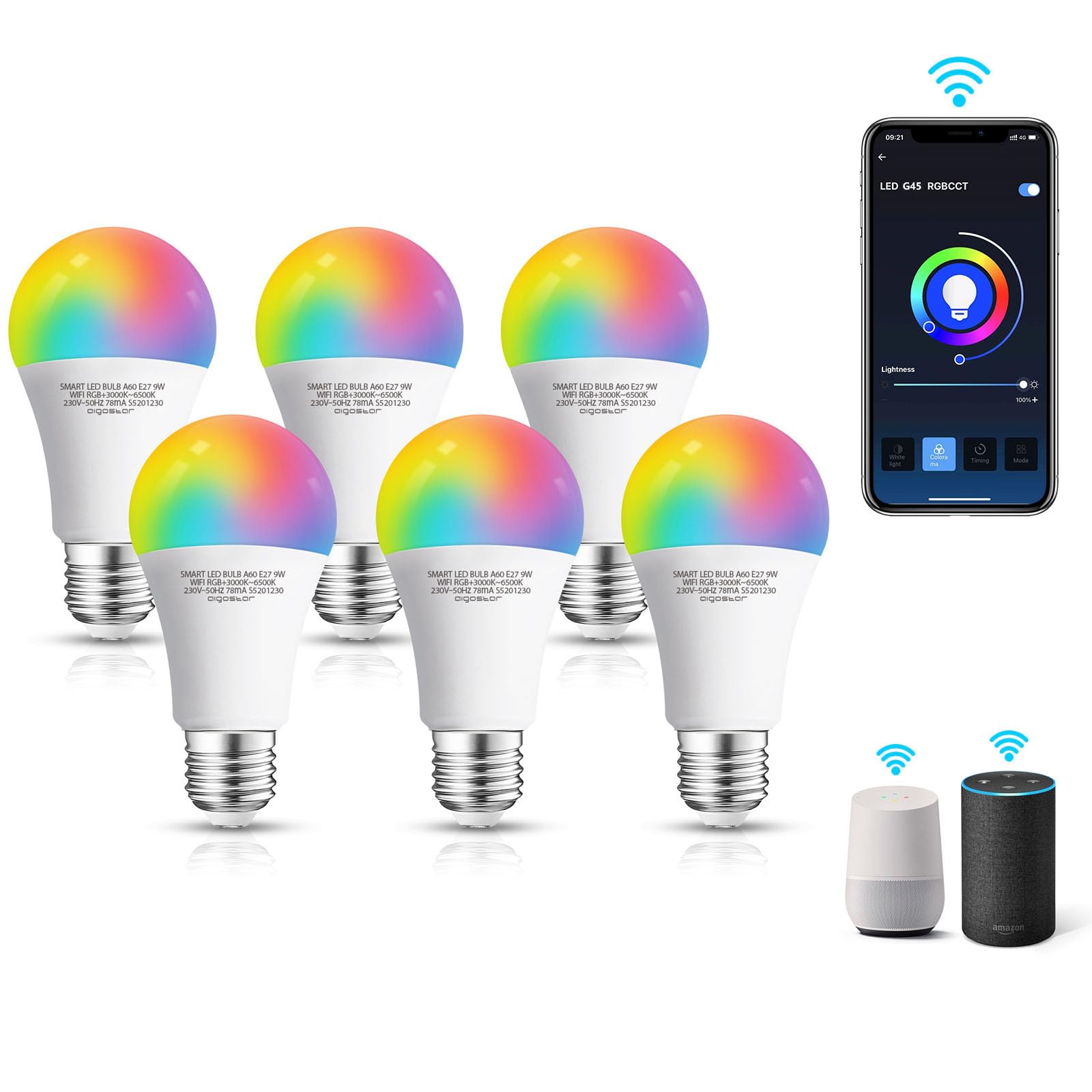 Aigostar - Lampadina Led smart A60 E27 attacco grande 9W， Funziona con Alexa e Google Home. Dimmerabile bianca 3000k - 6500k o RGB multicolore. Confezione da 6 Unità.