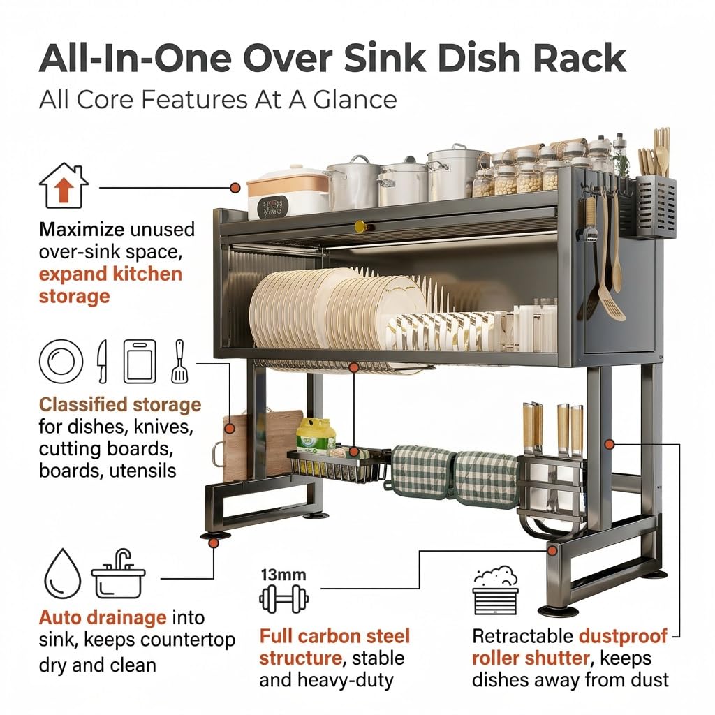 Escurridor de Platos sobre el Fregadero, | Estante secado acero al carbono con estructura estable en H, Organizador cocina(Nero,65cm/25.5in)