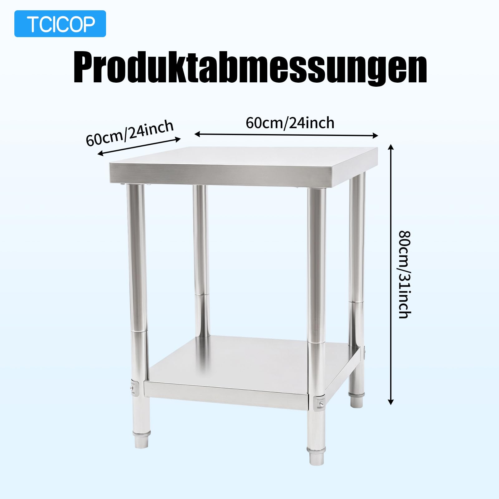 Mesa de trabajo de acero inoxidable, 60 x 60 x 80 cm, mesa de acero inoxidable, capacidad de carga de 400 kg, mesa de trabajo con suela ajustable para cocina, mesa de metal, adecuada para