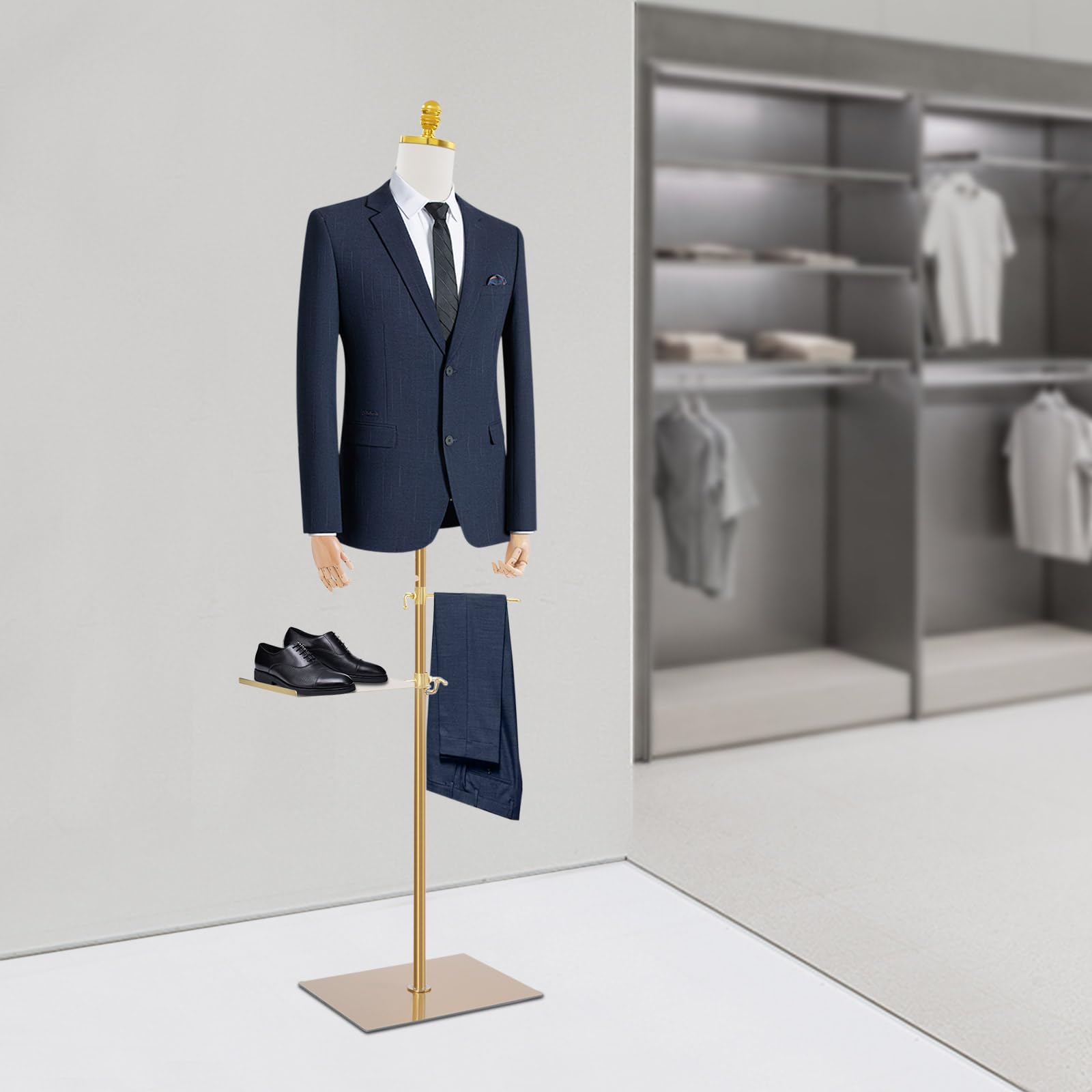 Schaufensterpuppe Männliche Verstellbare Höhe 70-130cm Mannequin Herren mit Holz Armen + Hosenständer + Schuhständer Kleiderform Verstellbarem Torso & Pose Kleiderpuppe für Boutiquen, Geschäfte