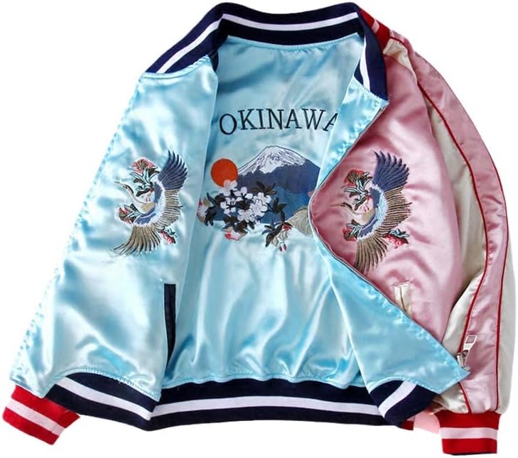 JYHBHMZG Double-Sided Satin Baseball Jacket for Women.Sukajan Coat. Themed.Embroidered Spring Apparel