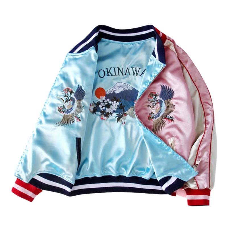 JYHBHMZG Double-Sided Satin Baseball Jacket for Women.Sukajan Coat. Themed.Embroidered Spring Apparel