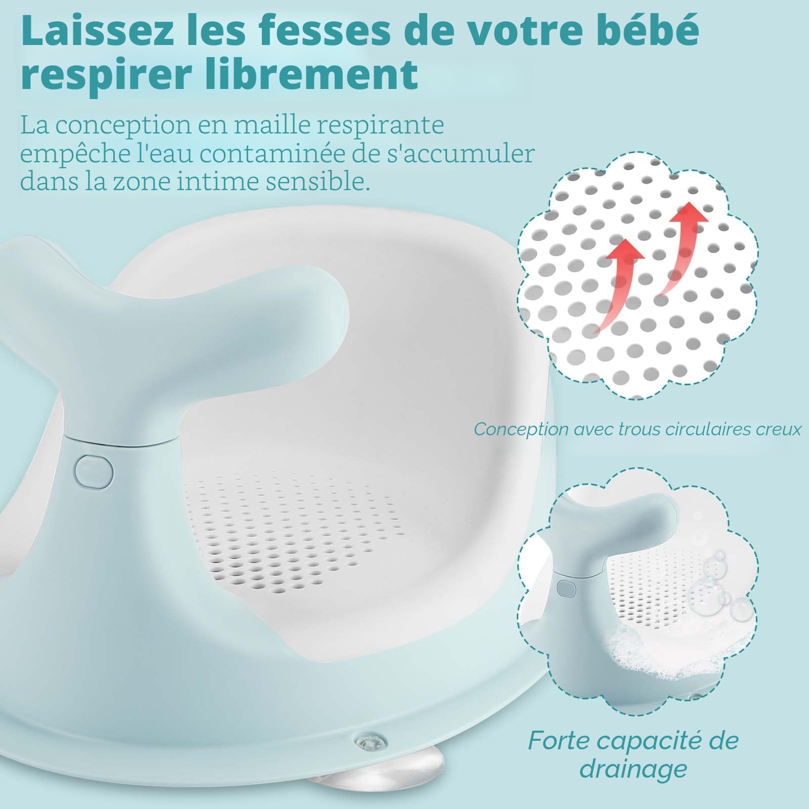 Chaise de Douche pour bébé,forme de baleine mignonne, coussin en silicone en maille respirante et élastique, dossier ergonomique, 4 ventouses antidérapantes puissantes, pour 6 mois et plus (vert)