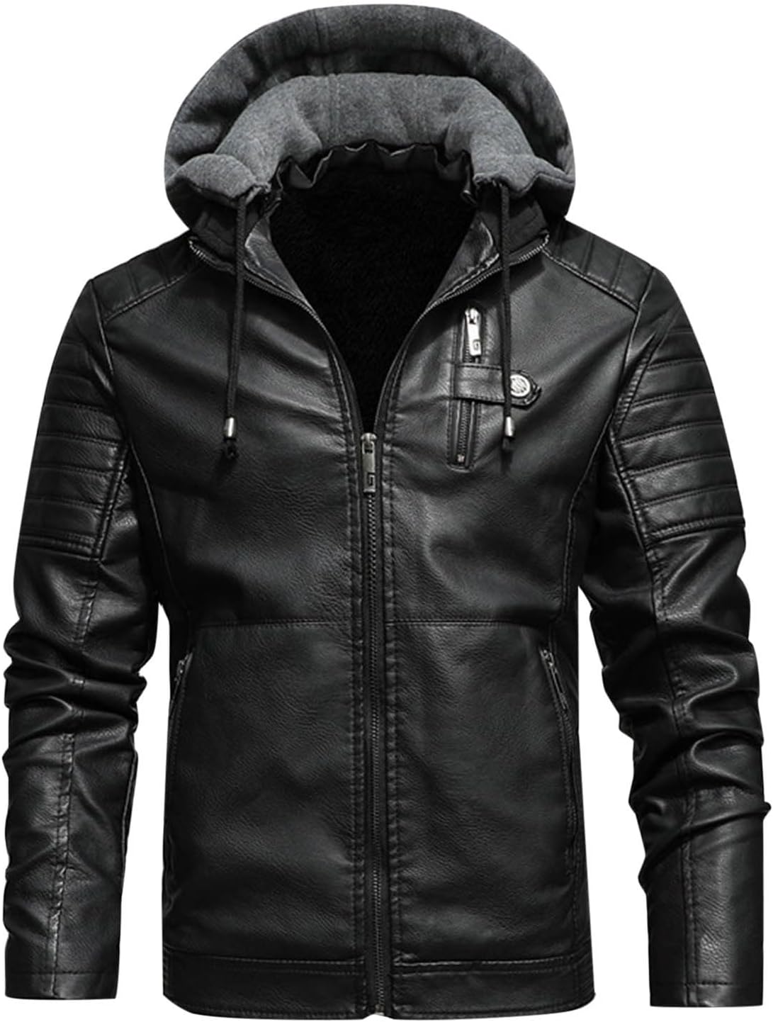 Mens Faux Leather Jacket with Hood Motorcycle Jacket Casual Warm Winter Coat Zipper Lightweight Biker Outwear Hoodies