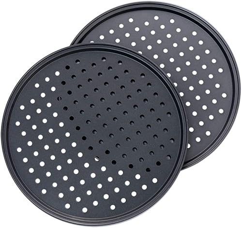 Miniatura 3 de Sartén para pizza con agujeros, paquete de 2 bandejas antiadherentes perforadas de acero al carbono, herramienta crujiente de 12 pulgadas redonda
