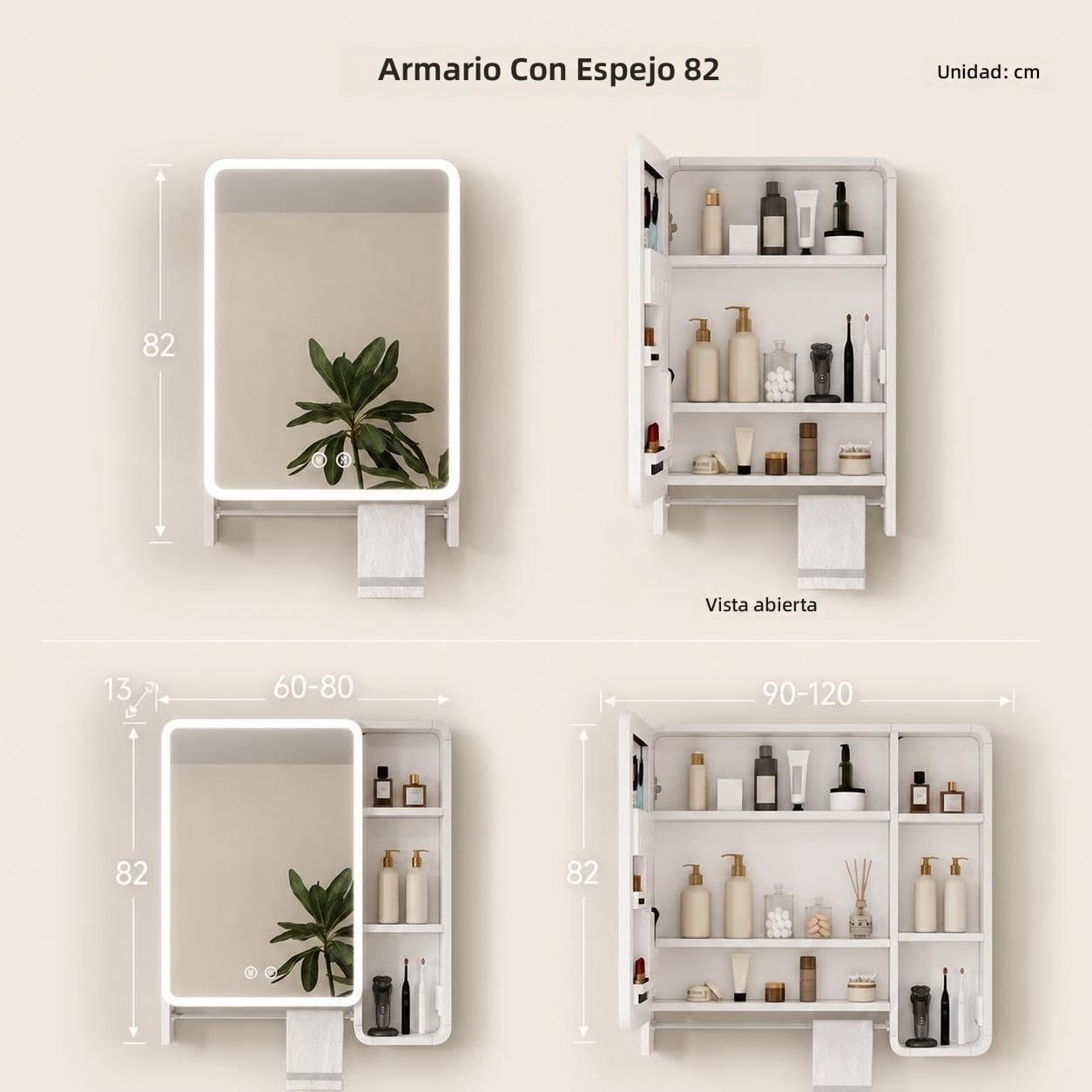 Armario de baño Mural Alto con Espejo Redondo, Cuerpo de Aluminio Espacial, Almacenamiento multinivel, iluminación, Sistema eléctrico antivaho, Control táctil, Enchufe y Barra