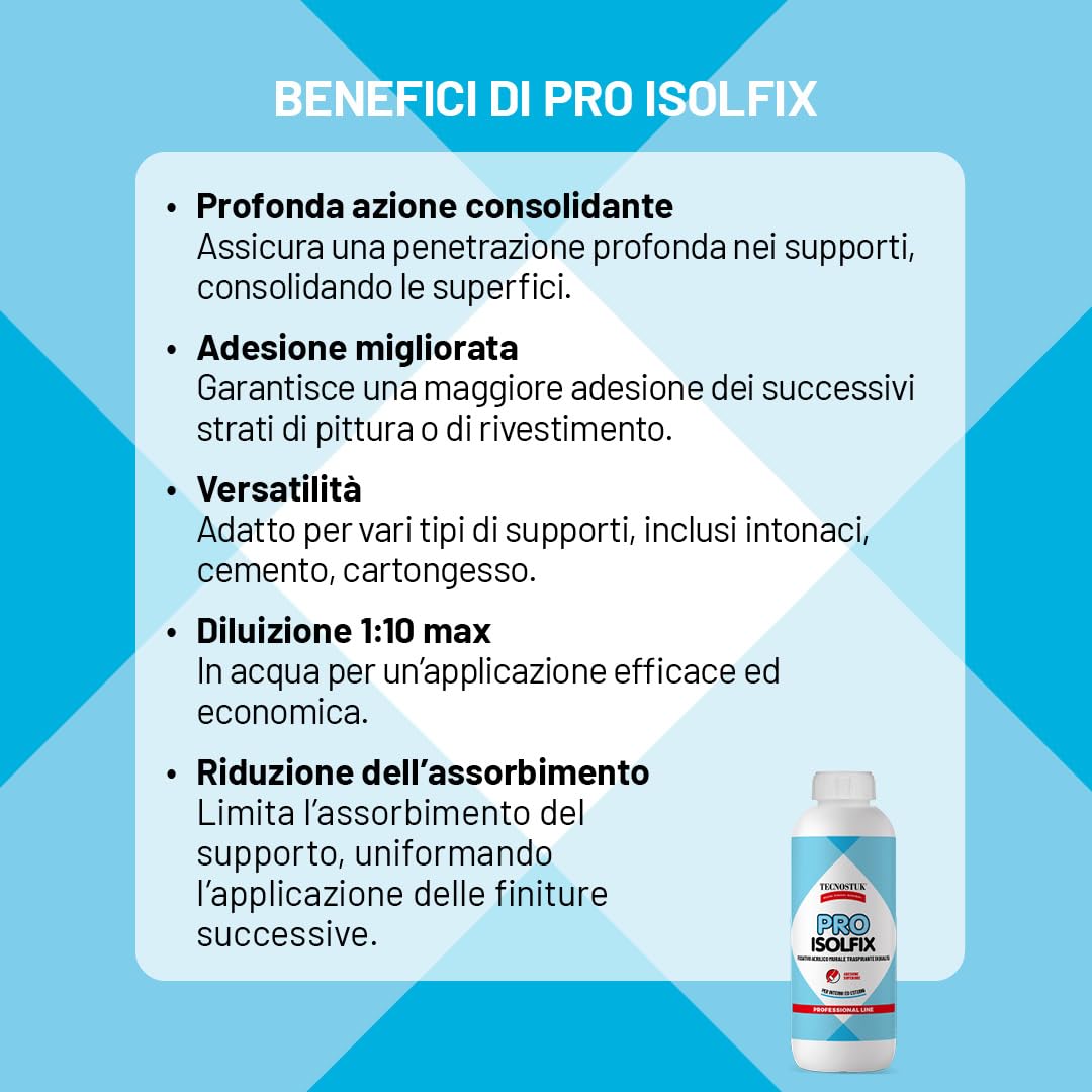 TECNOSTUK PRO ISOLFIX – Fissativo Acrilico Murale Traspirante – Preparazione Superfici per Pitture e Rivestimenti – Alta Qualità, Trasparente (5 Litri)