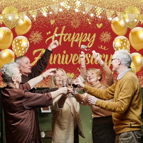Image of Wedding Anniversary Banner Red Gold Happy Decorations for Women Men Party, Indoor Outdoor Decor Supplies 71 * 43 Inch