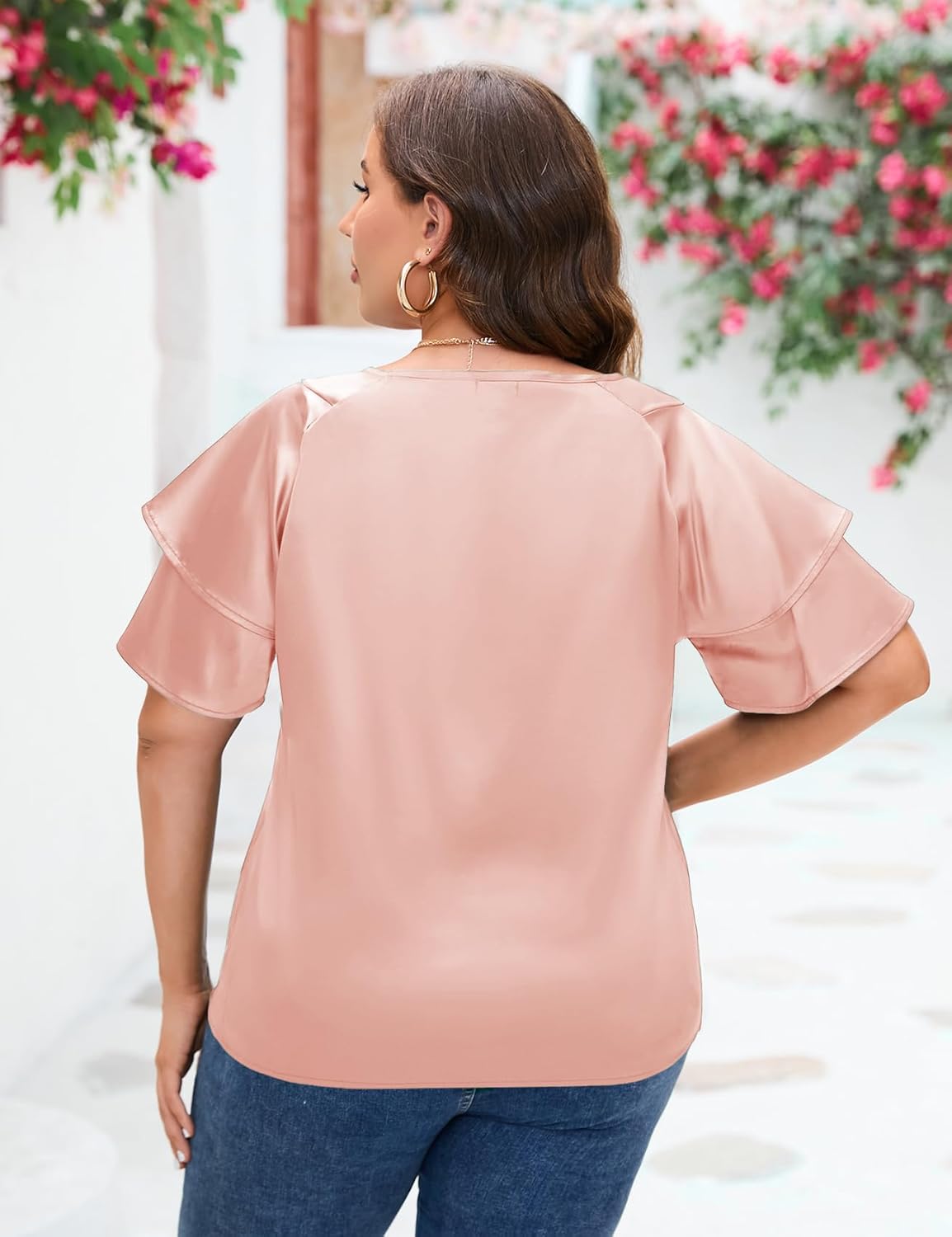 ZOMVA Women's 2024 Plus Size Satin Blouse Short Ruffle Sleeves Silk Top Dressy Shirt Office Elegant - Image 3