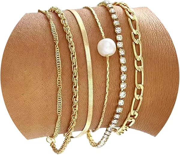 HEN9HUA Layered Gold Chain Bracelets for Women - Stackable, Adjustable Jewelry Set - Trendy Chain Stack