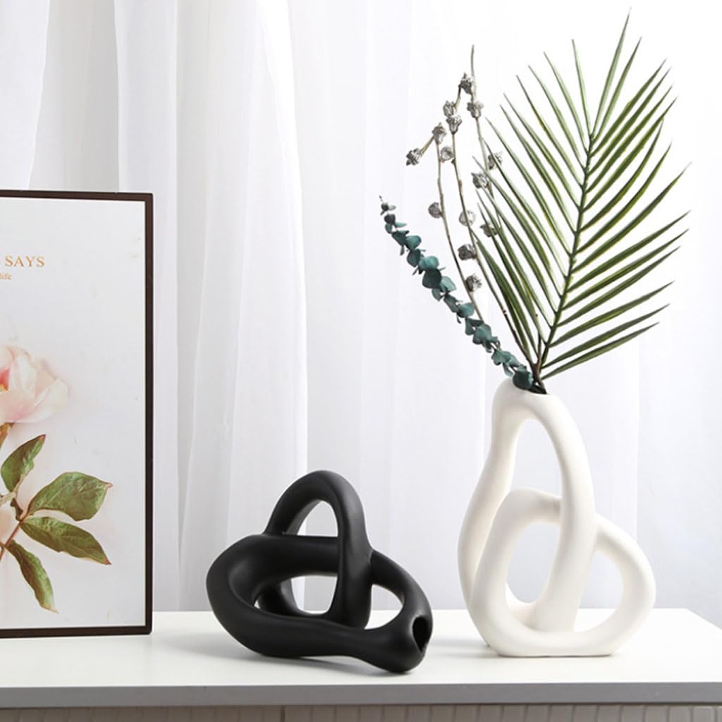 Jarrón Moderno Abstracto de cerámica con Forma Hueca Doble, jarrón de Flores Entrelazado, jarrón Decorativo Escultura para Plantas secas y Ramas de Hojas Artificiales,Negro