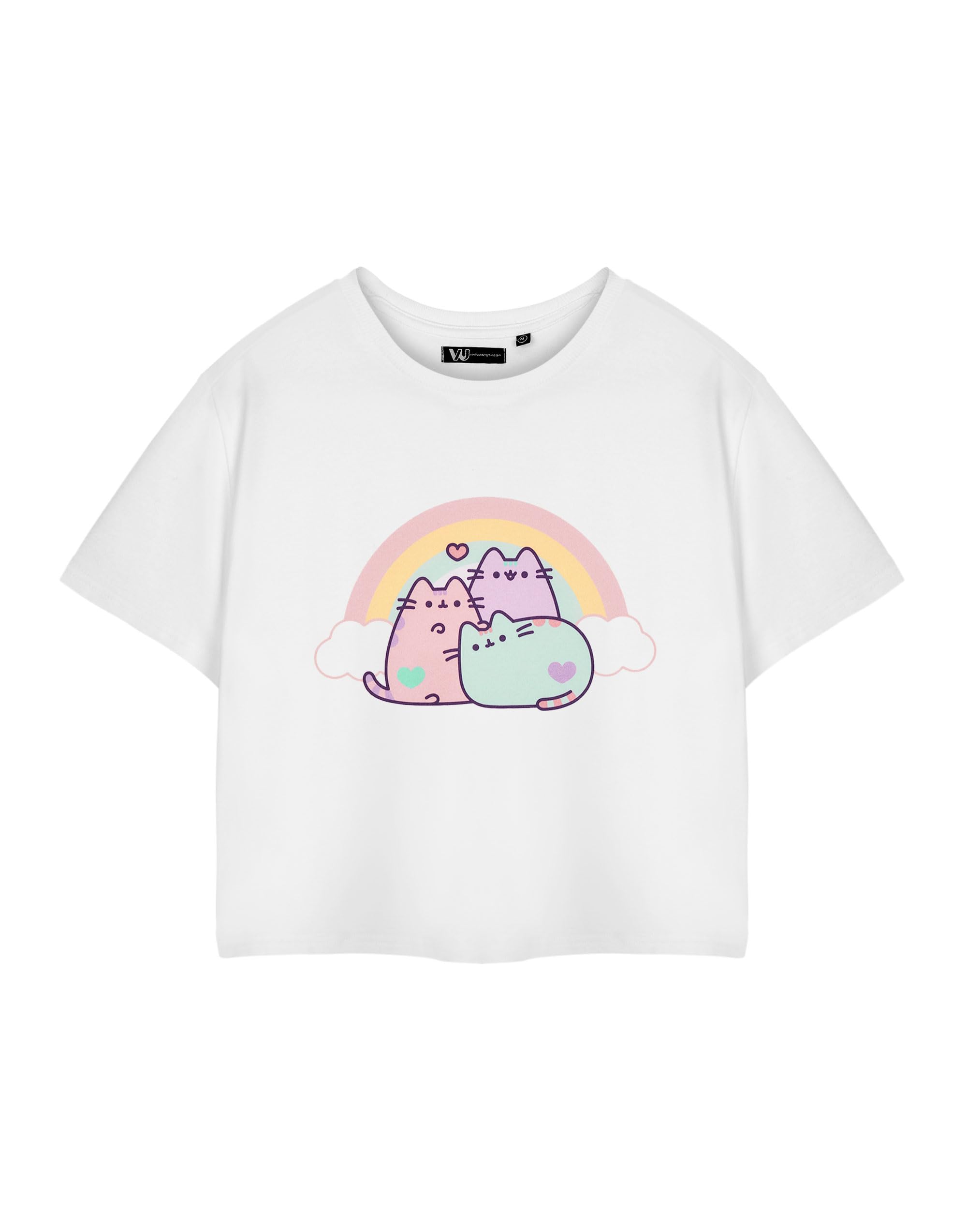 Pusheen Womens White Cropped T-Shirt | Short Sleeve Graphic Tee | Ladies Cat Top | Stylish Rainbow Apparel for Women & Teens