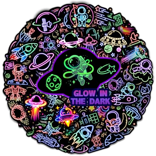 52 Pcs Neon Astronaut Stickers for Kids Glow in The Dark Waterproof Space Sticker for Water Bottle Vinyl Laptop Decals for Teens Girls Boys Students Adults Sticker Pack