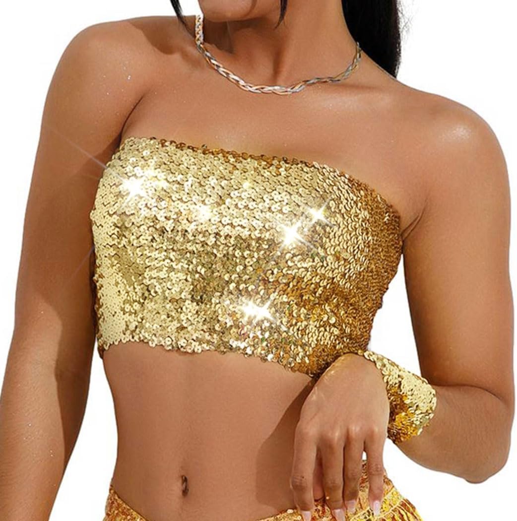 Kakaco Sparkly Strapless Crop Top Glitter Sequin Tube Top Party Clubwear Top for Women and Girls