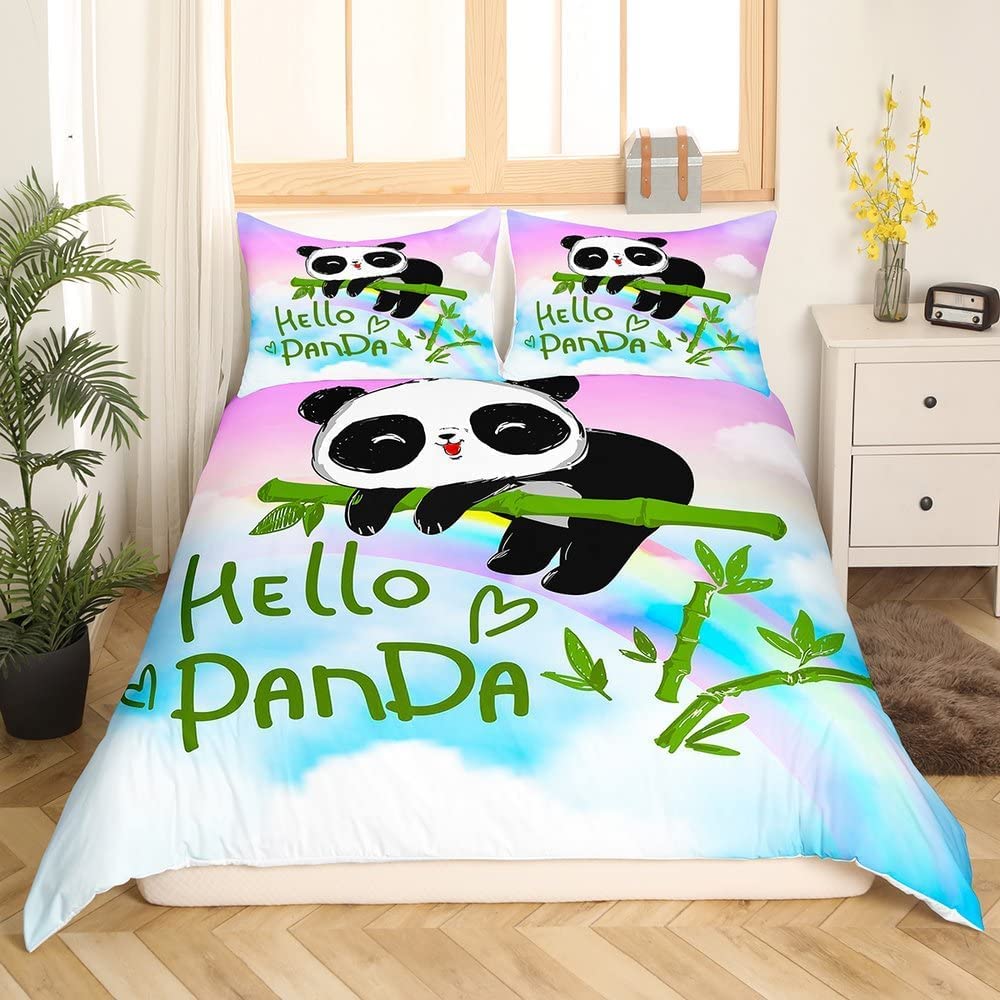 Kawaii Panda zestaw pościeli tęczowa pościel podwójna kolorowa galaktyka poszewka na kołdrę zielona bambusowa poszewka na kołdrę różowa chmura pościel urocze zwierzę poszewka na kołdrę 3 szt., 1