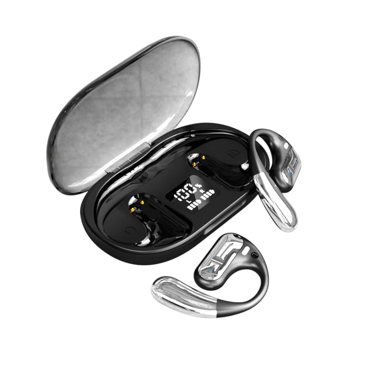 Open Ear Wireless OWS Stereo Bluetooth Headphones Bluetooth TPU Ear Hooks 16.2 mm Powerful Drivers with Charging Case (Modern, Black)