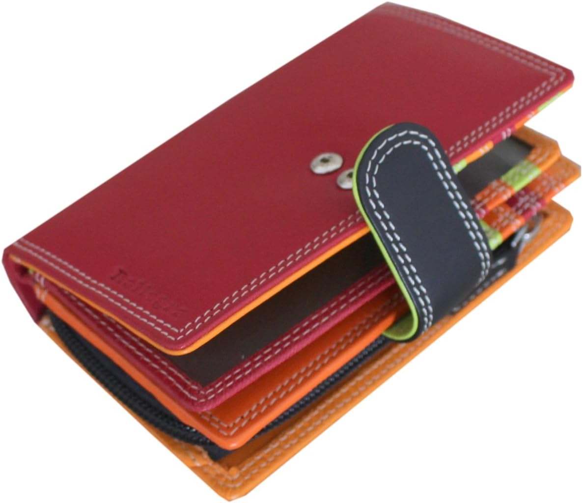 Ladies Red Leather Purse, RFID Blocking, Holds 13 Cards, 3 Storage Pockets, Zip Coin Pocket, Multicoloured Interior