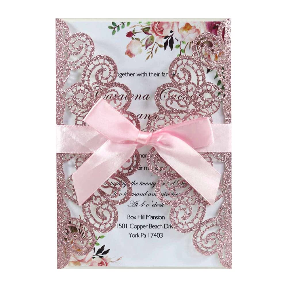 Set di 25 biglietti di invito per matrimonio, taglio laser, motivo floreale di pavone, in pizzo, biglietti di invito, eleganti biglietti di auguri, buste e fiocco, per matrimonio, anniversario di