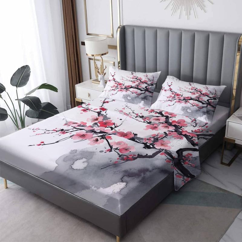 Full Size Sheet Sets - Japanese Cherry Blossom Bed Sheets, Bedding Sheets & Pillowcases, Soft Microfiber & Deep Pocket & Wrinkle Free Sheet Set, 1 Fitted Sheet, 1 Flat Sheet, 2 Pillow Cases